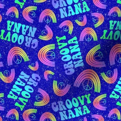 Medium Scale Groovy Nana Rainbows and Peace Signs on Galactic Blue