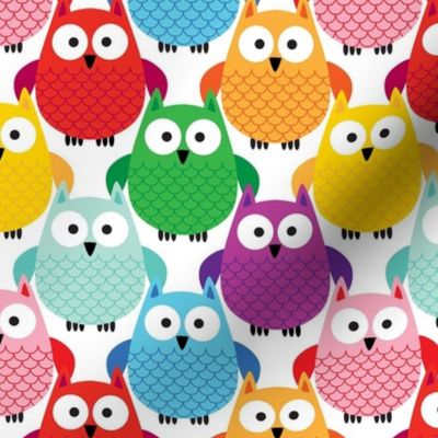 Medium Scale Colorful Owls Rainbow Assortment on White