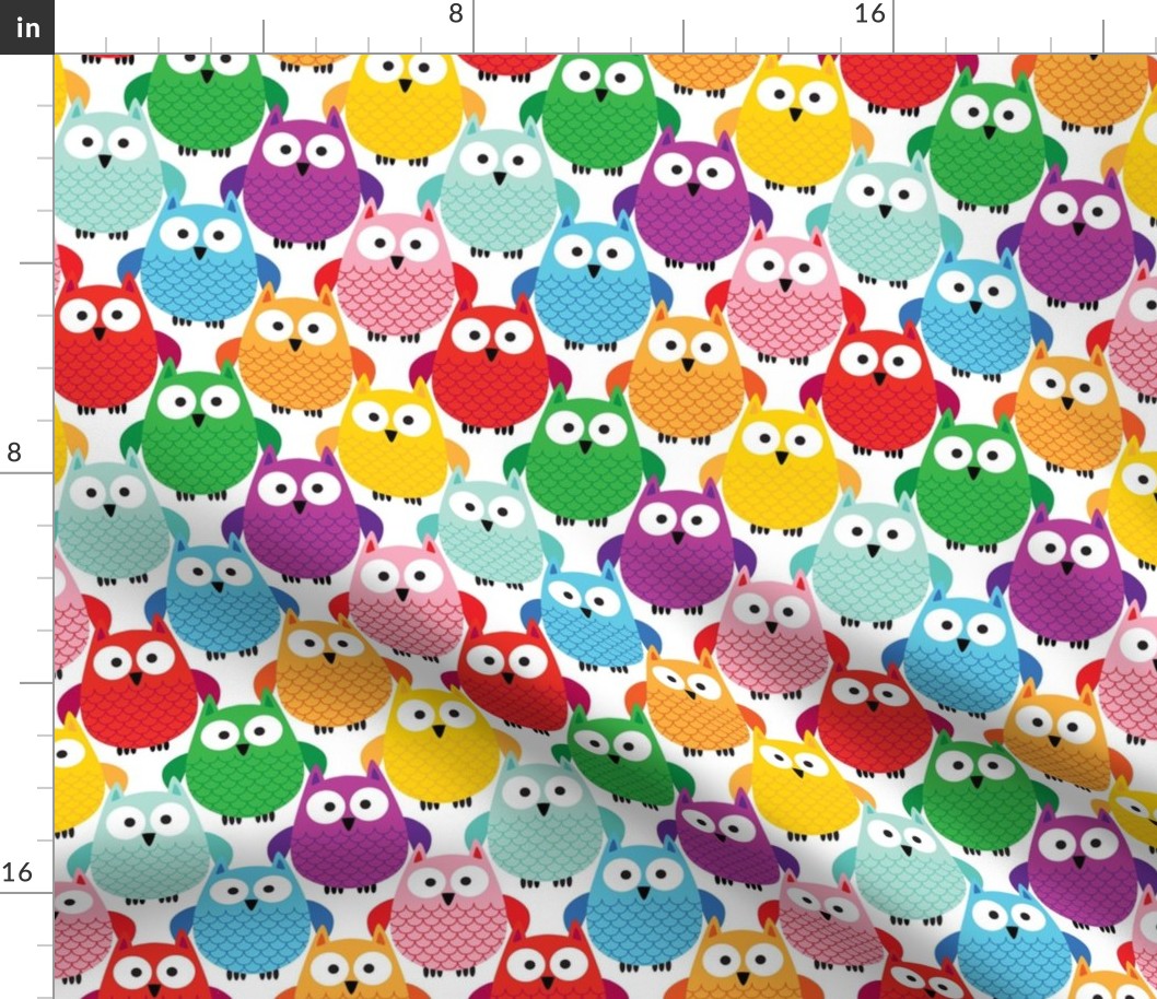 Medium Scale Colorful Owls Rainbow Assortment on White