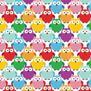 Small Scale Colorful Owls Rainbow Assortment on White