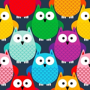 Large Scale Colorful Owls Rainbow Assortment on Navy