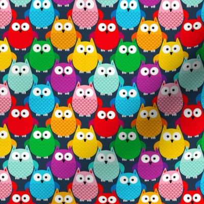 Small Scale Colorful Owls Rainbow Assortment on Navy