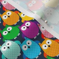 Small Scale Colorful Owls Rainbow Assortment on Navy
