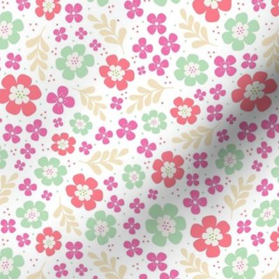 Medium Scale Soft Spring Floral Pink Coral Green Flowers