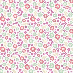 Small Scale Soft Spring Floral Pink Coral Green Flowers