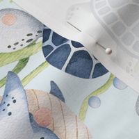 Large Scale Under the Sea Watercolor Fish Sea Turtles Whales Seahorses Octopus on Light Blue