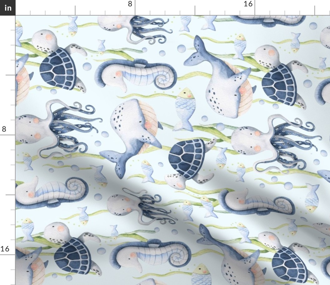 Large Scale Under the Sea Watercolor Fish Sea Turtles Whales Seahorses Octopus on Light Blue