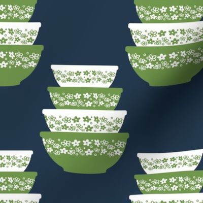 Bigger Scale Spring Blossoms Green Crazy Daisy Midcentury Vintage Mixing Bowl Dishes Moss and White