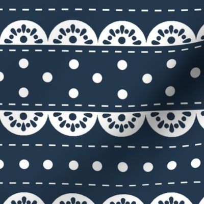 Large Scale Vintage Dots and Eyelet Lace in White and Navy