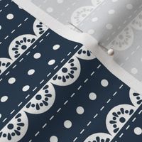 Medium Scale Vintage Dots and Eyelet Lace in White and Navy