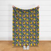 Large Scale Tropical Pineapples and Flowers on Navy