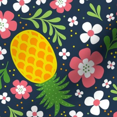 Large Scale Tropical Pineapples and Flowers on Navy
