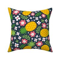 Large Scale Tropical Pineapples and Flowers on Navy