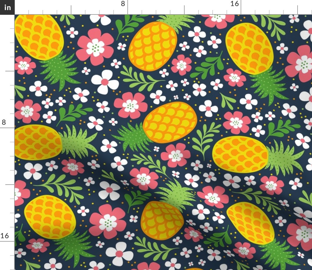 Large Scale Tropical Pineapples and Flowers on Navy