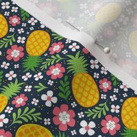 Small Scale Tropical Pineapples and Flowers on Navy