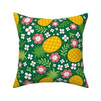 Large Scale Tropical Pineapples and Flowers on Green