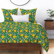 Large Scale Tropical Pineapples and Flowers on Green