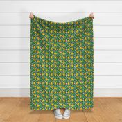 Medium Scale Tropical Pineapples and Flowers on Green