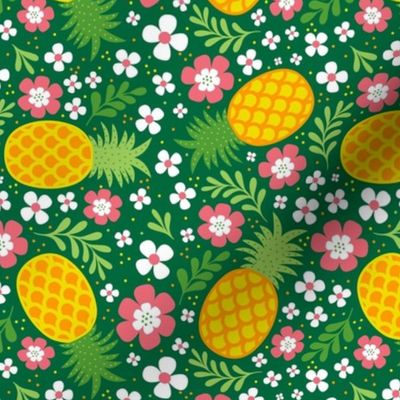 Medium Scale Tropical Pineapples and Flowers on Green