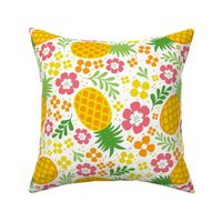 Large Scale Tropical Pineapples and Flowers on White
