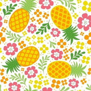 Large Scale Tropical Pineapples and Flowers on White