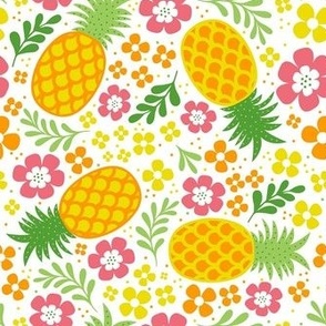 Medium Scale Tropical Pineapples and Flowers on White