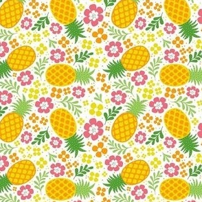 Small Scale Tropical Pineapples and Flowers on White