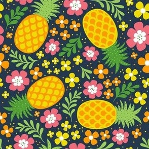Medium Scale Tropical Pineapples and Flowers on Navy