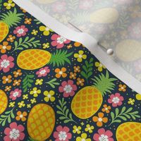 Small Scale Tropical Pineapples and Flowers on Navy