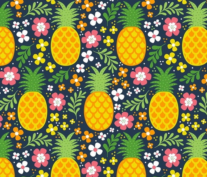 Large Scale Tropical Pineapples and Colorful Flowers on Navy