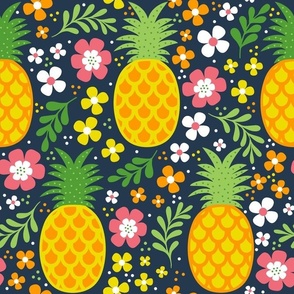 Large Scale Tropical Pineapples and Colorful Flowers on Navy