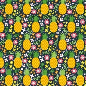 Small Scale Tropical Pineapples and Colorful Flowers on Navy