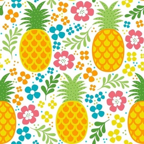 Large Scale Tropical Pineapples and Colorful Flowers on White