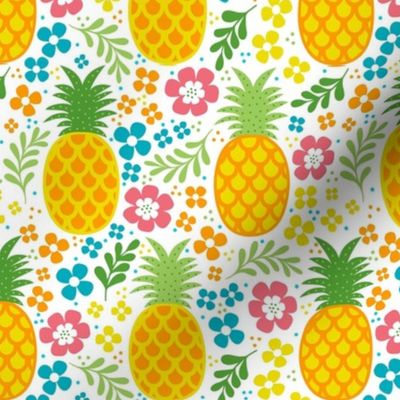 Medium Scale Tropical Pineapples and Colorful Flowers on White