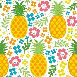 Medium Scale Tropical Pineapples and Colorful Flowers on White