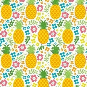 Small Scale Tropical Pineapples and Colorful Flowers on White