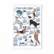 Pawsome 2024 calendar tea towel or wall hanging // white background pastel blue details // Greyhound Beagle black Border Collie German Shepherd Dalmatian Golden Retriever French Bulldog and Dachshund dog breeds jumping 