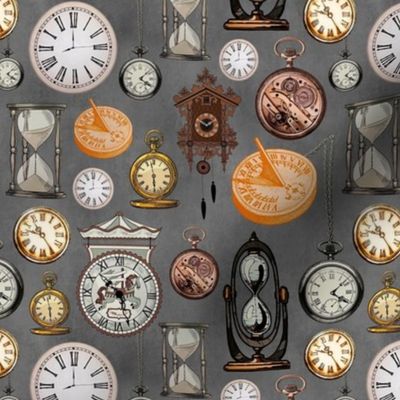 Medium Scale Vintage Old Clocks Time Pieces on Grey