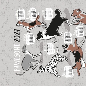 Pawsome 2024 calendar tea towel or wall hanging // grey background // Greyhound Beagle black Border Collie German Shepherd Dalmatian Golden Retriever French Bulldog and Dachshund dog breeds jumping