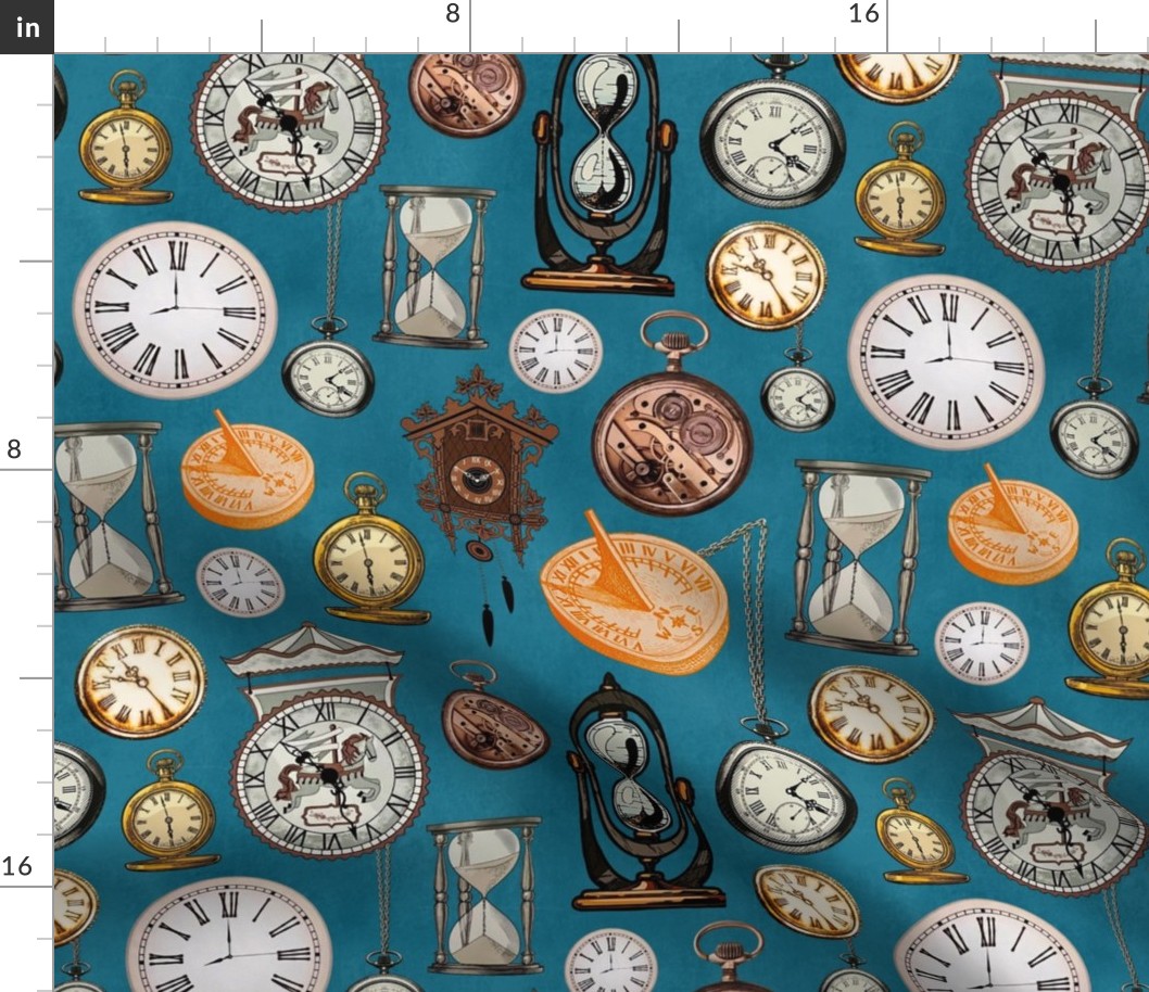 Large Scale Vintage Old Clocks Time Pieces on Turquoise