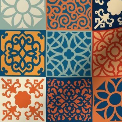 Smaller Scale Patchwork 3" Squares Colorful Medallions in Orange Blue Tan Aqua