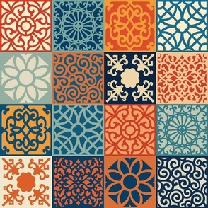 Smaller Scale Patchwork 3" Squares Colorful Medallions in Orange Blue Tan Aqua