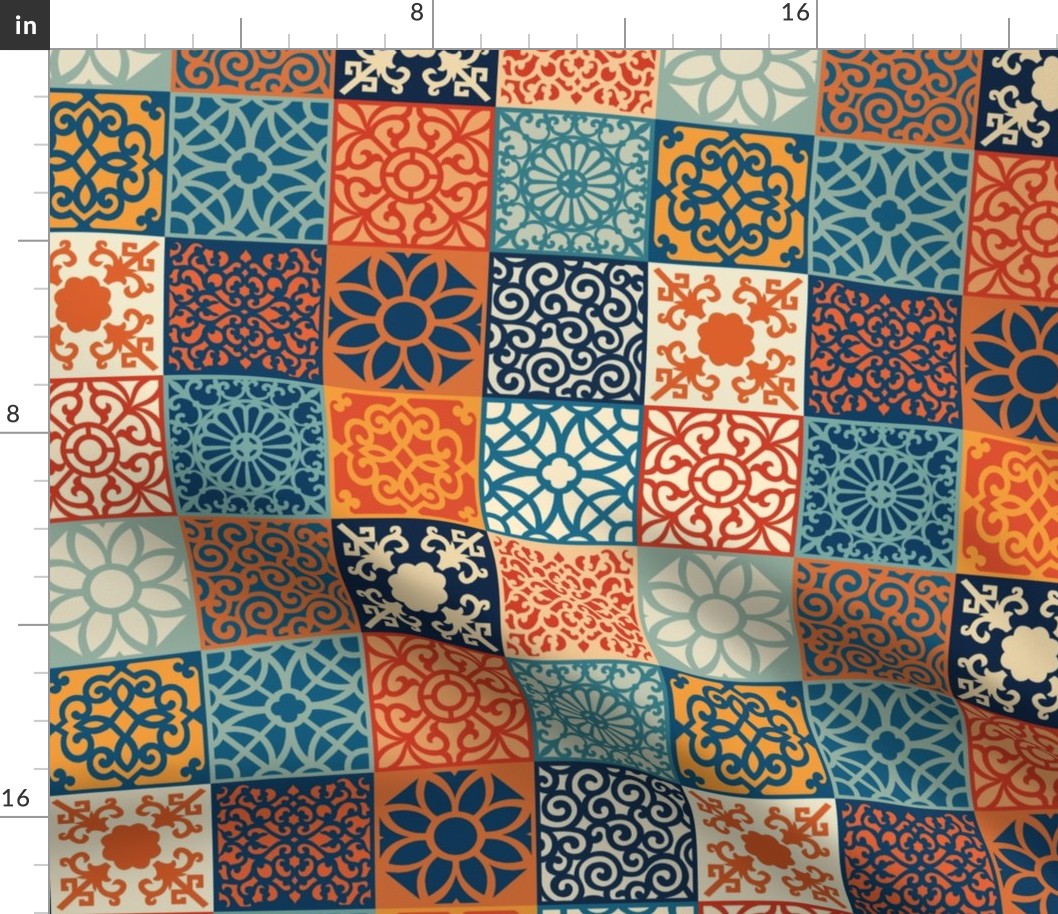 Smaller Scale Patchwork 3" Squares Colorful Medallions in Orange Blue Tan Aqua