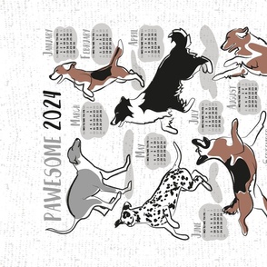 Pawsome 2024 calendar tea towel or wall hanging // white background grey details // Greyhound Beagle black Border Collie German Shepherd Dalmatian Golden Retriever French Bulldog and Dachshund dog breeds jumping