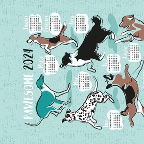 Pawsome 2024 calendar tea towel or wall hanging // aqua background // Greyhound Beagle black Border Collie German Shepherd Dalmatian Golden Retriever French Bulldog and Dachshund dog breeds jumping