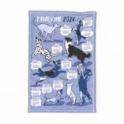 Pawsome 2024 calendar tea towel or wall hanging // monochromatic blue // Greyhound Beagle black Border Collie German Shepherd Dalmatian Golden Retriever French Bulldog and Dachshund dog breeds jumping