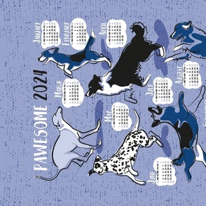 Pawsome 2024 calendar tea towel or wall hanging // monochromatic blue // Greyhound Beagle black Border Collie German Shepherd Dalmatian Golden Retriever French Bulldog and Dachshund dog breeds jumping