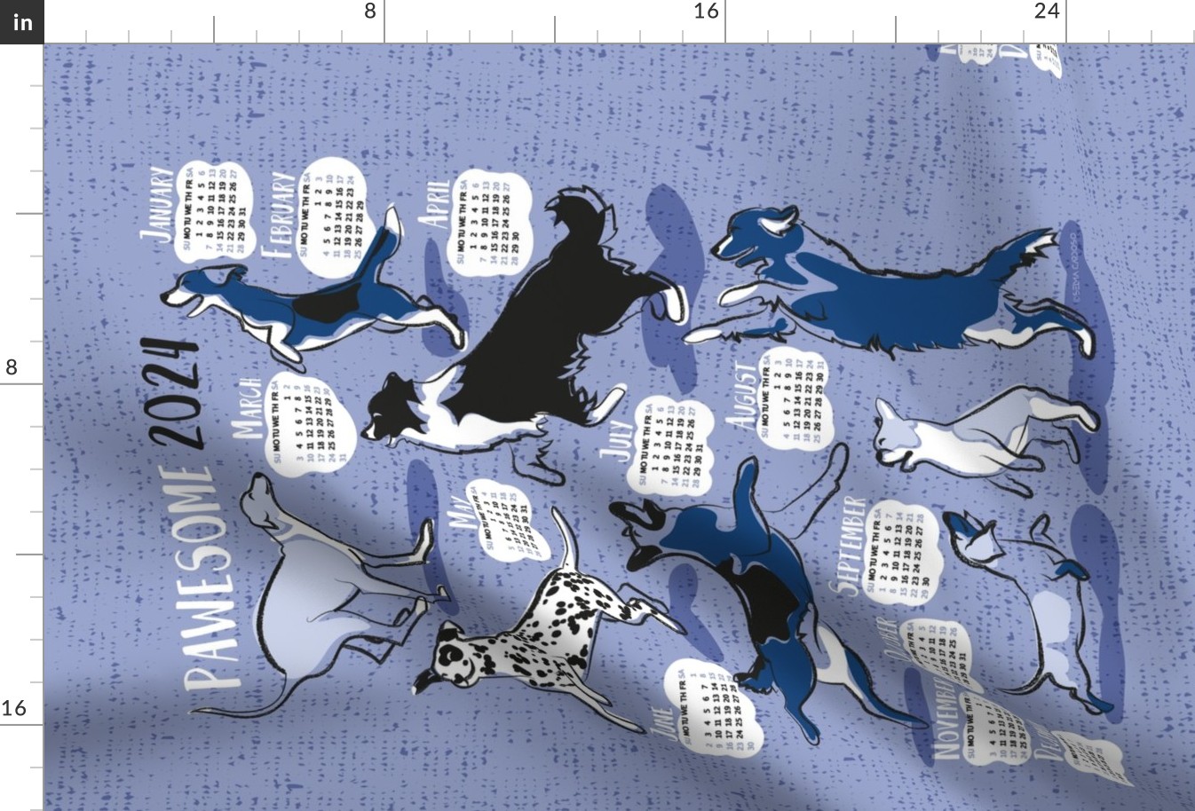 Pawsome 2024 calendar tea towel or wall hanging // monochromatic blue // Greyhound Beagle black Border Collie German Shepherd Dalmatian Golden Retriever French Bulldog and Dachshund dog breeds jumping