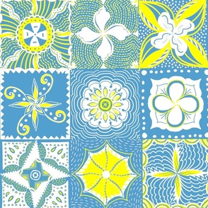 Summer spring yellow blue hand drawn tiles patchwork 24” blocks 