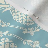 Large Scale Pineapple Fruit Damask in Ivory and Vintage Blue